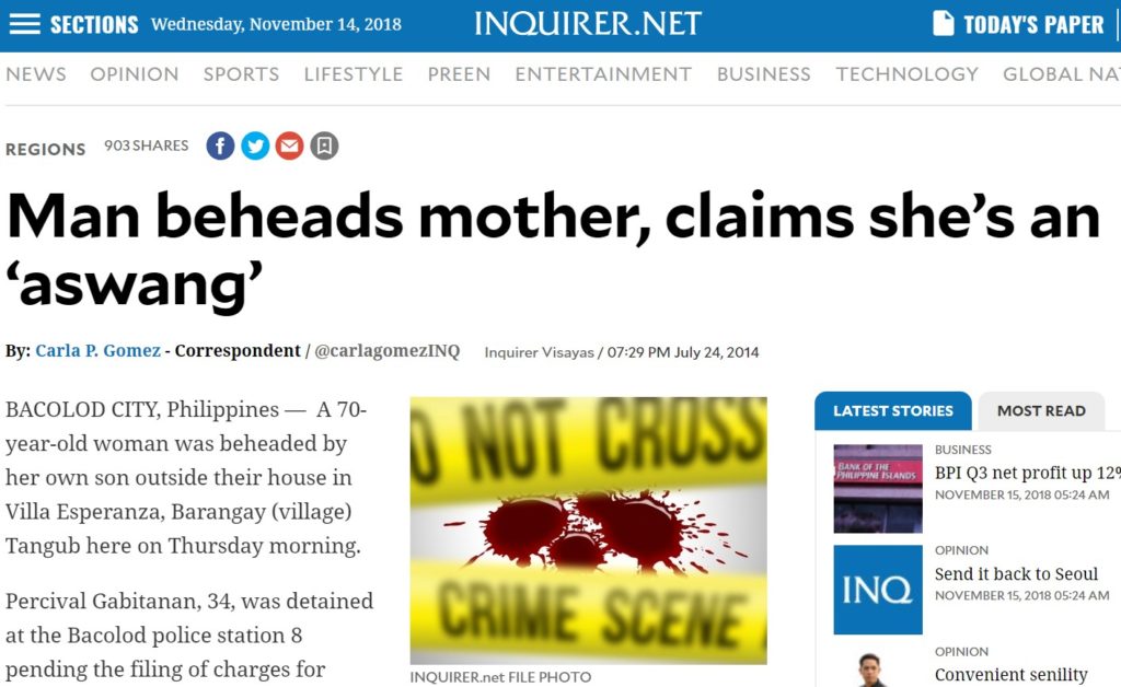 Screenshot eines Artikels in der Online-Ausgabe der philippinischen Tageszeitung "Inquirer"