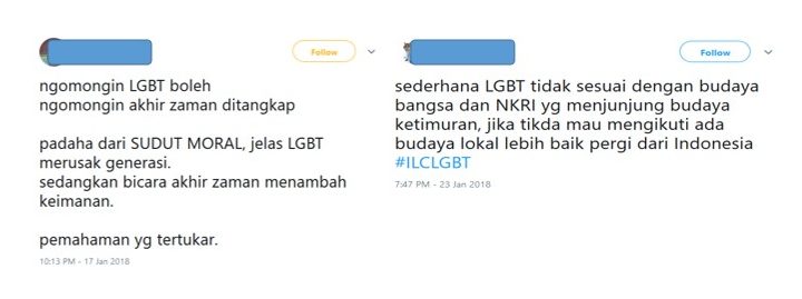 Screenshot von Anti-LGBT-Meldungen auf Twitter, die darauf eingehen, dass LGBT die indonesische Kultur und Moral verletze 